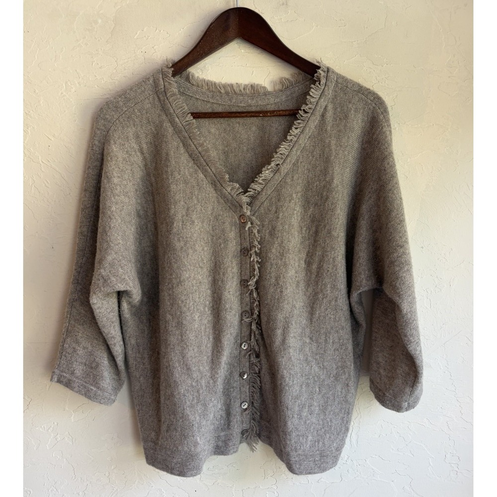 Forte Cashmere Button Up Cardigan Sweater XL Minimalist Quiet Luxury Fringe